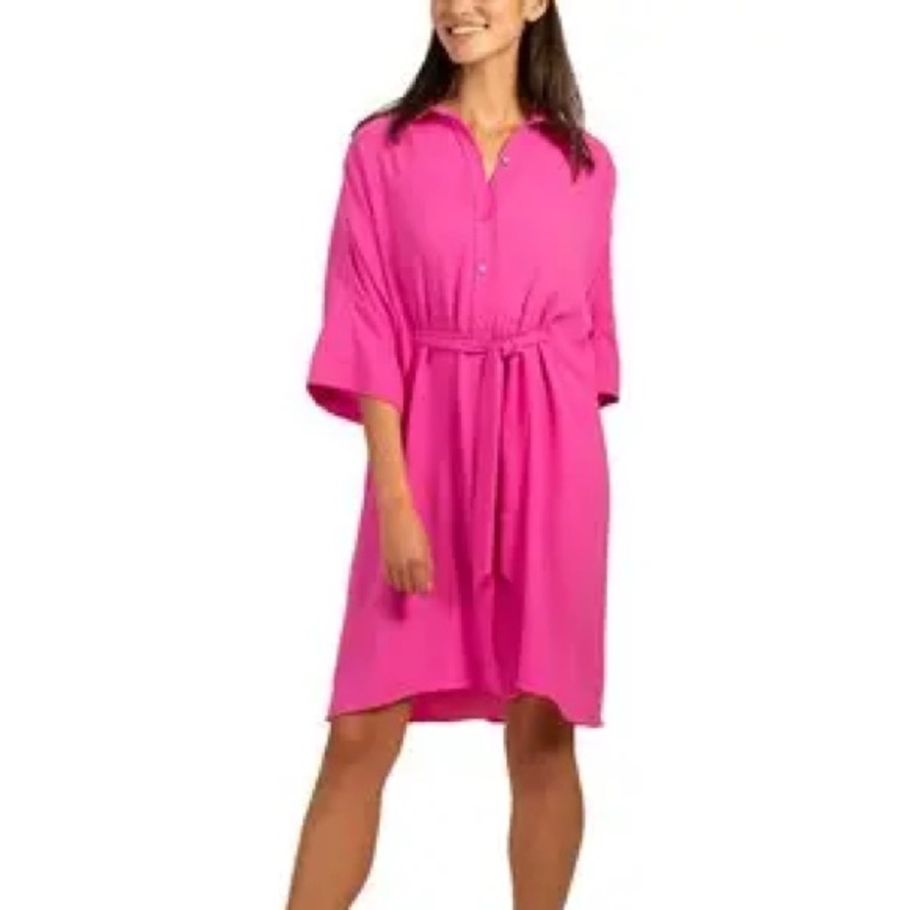 Trina Turk Vibrant Pink‎ Casual Preppy Button Up Collared Shirt Dress